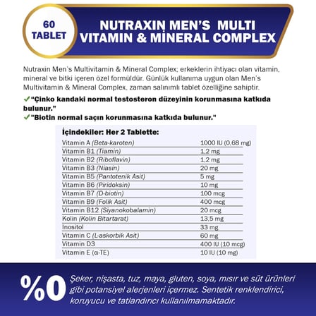 Nutraxin Men's Multi Vitamin Complex 60 Tablet Takviye Edici Gıda
