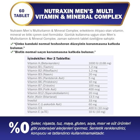 Nutraxin Men's Multi Vitamin Complex 60 Tablet Takviye Edici Gıda