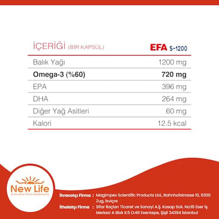 New Life Efa S-1200 90 Kapsül Balık Yağı - 720 Mg 3-396 Mg EPA - 264 Mg DHA