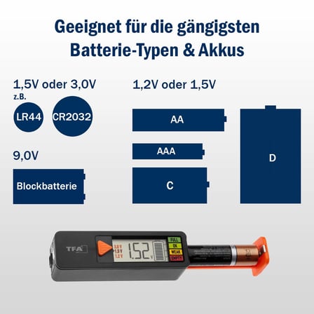 TFA Dostmann Pil test cihazı BatteryCheck, 98.1126.01, piller ve aküler için (AAA,AA,C, D), düğme pil, blok pil, şarj durumu/Volt göstergesi, kolay ve hızlı, siyah