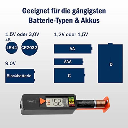 TFA Dostmann Pil test cihazı BatteryCheck, 98.1126.01, piller ve aküler için (AAA,AA,C, D), düğme pil, blok pil, şarj durumu/Volt göstergesi, kolay ve hızlı, siyah