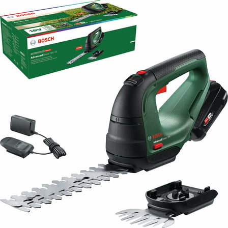 Bosch Garden AdvancedShear 18V-10 akülü çim makası (1 akü 2,0 Ah, 18 Volt sistem, akü şarjı başına 85 m²'ye kadar keser, çalı ve çim makası bıçağı, kartonda)