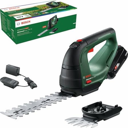 Bosch Garden AdvancedShear 18V-10 akülü çim makası (1 akü 2,0 Ah, 18 Volt sistem, akü şarjı başına 85 m²'ye kadar keser, çalı ve çim makası bıçağı, kartonda)