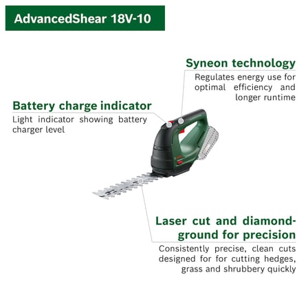 Bosch Garden AdvancedShear 18V-10 akülü çim makası (1 akü 2,0 Ah, 18 Volt sistem, akü şarjı başına 85 m²'ye kadar keser, çalı ve çim makası bıçağı, kartonda)