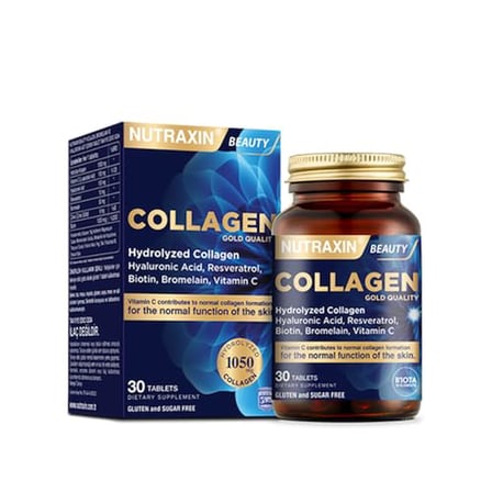 Nutraxin Collagen Gold Quality Tablet – Hidrolize Kolajen, C Vitamini, Hyaluronik Asit, Biotin, Çinko ve Resveratrol – 30 Tablet