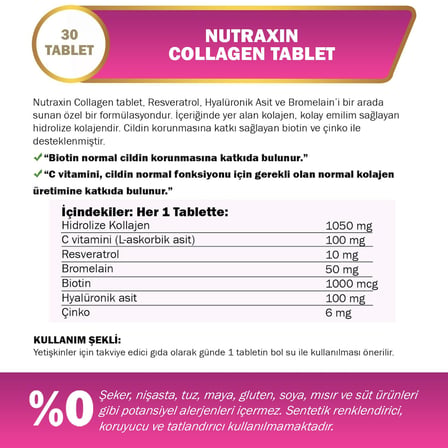 Nutraxin Collagen Gold Quality Tablet – Hidrolize Kolajen, C Vitamini, Hyaluronik Asit, Biotin, Çinko ve Resveratrol – 30 Tablet