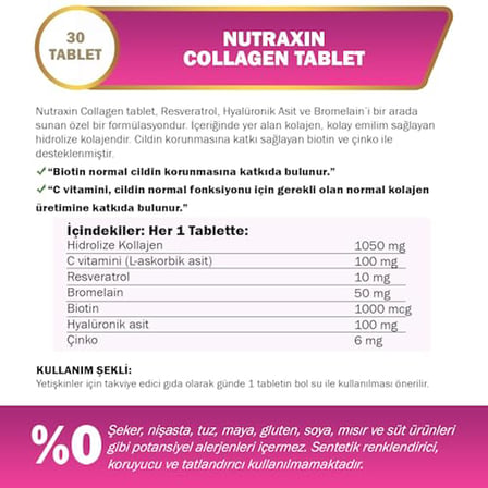 Nutraxin Collagen Gold Quality Tablet – Hidrolize Kolajen, C Vitamini, Hyaluronik Asit, Biotin, Çinko ve Resveratrol – 30 Tablet