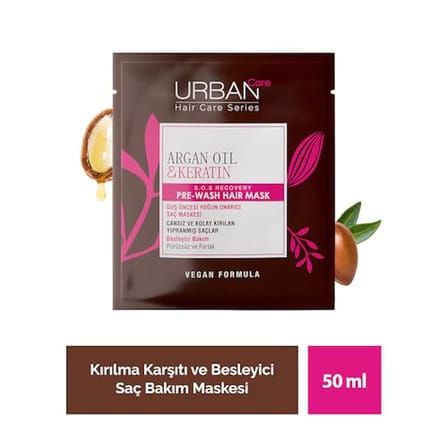 URBAN Care Argan Yağı & Keratin Kolay Kırılan Saçlara Özel Duş Öncesi Saç Bakım Maskesi 50 ml- Vegan