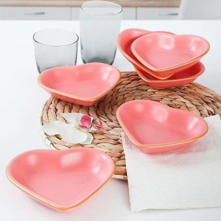 Keramika Mat Pembe Altın Fileli Kalp Çerezlik/Sosluk 14 Cm 6 Adet