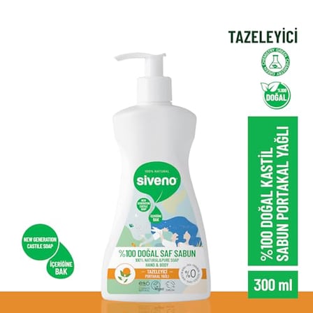Siveno%100 Doğal Sıvı Kastil Sabun Portakal Yağlı Tazeleyici Nemlendirici Arındırıcı Bitkisel Vegan 300 ml