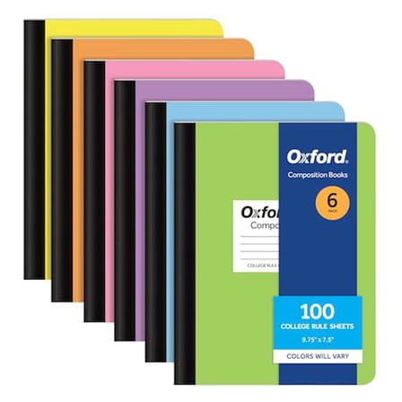 Oxford Kompozisyon Defterleri, 6'lı Paket, Kolej Çizgili Kağıt, 9-3/4 x 7-1/2 inç, 100 Yaprak, Çeşit
