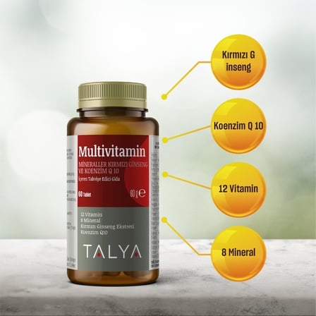 Talya MULTİVİTAMİN - KIRMIZI GİNSENG VE Q 10 İçeren Takviye Edici Gıda - 12 Vitamin ve 8 Min