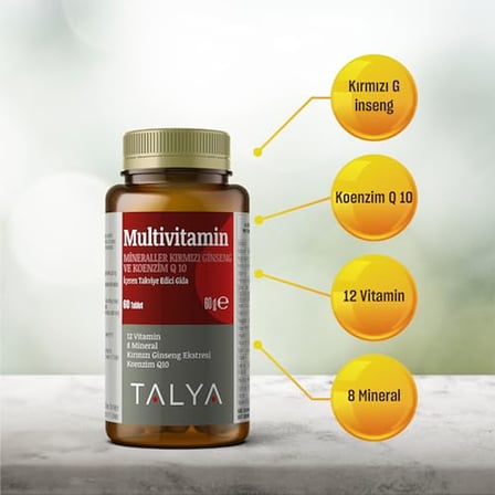 Talya MULTİVİTAMİN - KIRMIZI GİNSENG VE Q 10 İçeren Takviye Edici Gıda - 12 Vitamin ve 8 Min