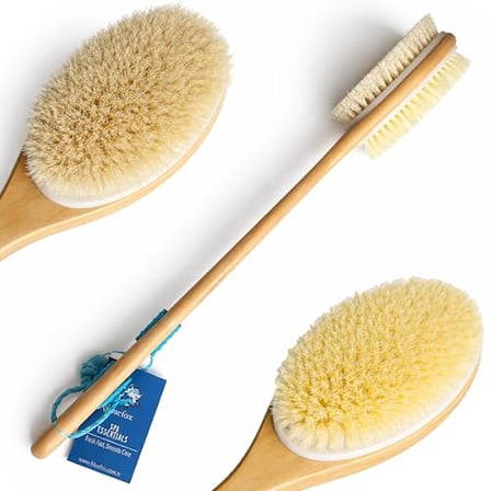 Bluefox Sırt ve Vücut Temizleme Fırçası - 2 Taraflı Sert & Yumuşak Lifli, Bambu Uzun Saplı (43cm), Ölü Deri ve Gözenek Temizleyici, Pürüzsüz ve Canlı Cilt İçin İdeal