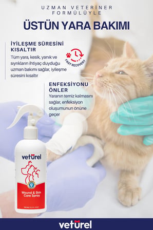 Veturel Kedi Köpek Yara Bakımı Deri Günlük Bakım Yanık Kızarıklık Tahriş Hot Spot Yara Spreyi 300ml