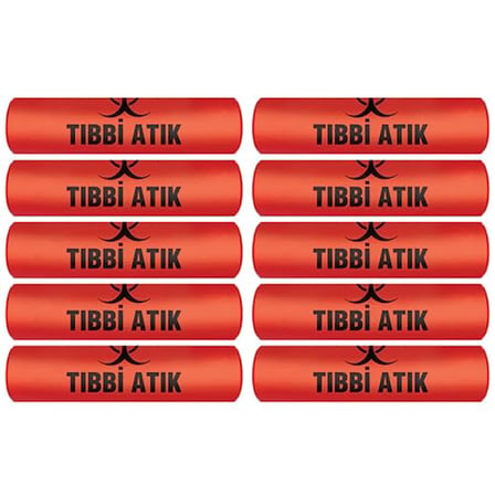 Tıbbi Atık Torbası Büyük Boy 65x80 cm 300 gr 10 lu Rulo x 10 Paket = 100 Adet (Kırmızı-Siyah Baskılı