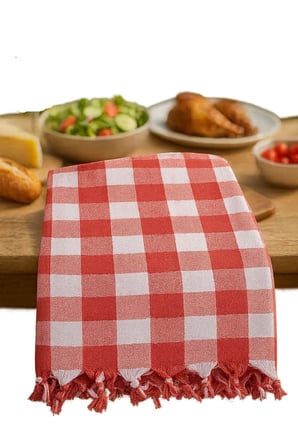 Hepsine Rakip 150x150 Cm Kareli Yer Sofra Bezi Masa Örtüsü Saçaklı Kırmızı