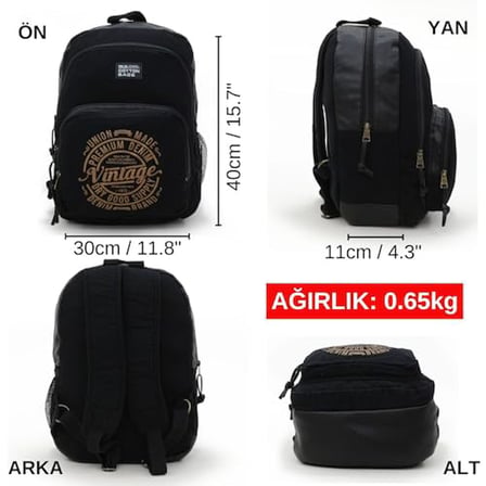 Old Cotton Cargo 7184 Revilla Sırt Okul Günlük Seyahat 15 inç Laptop NoteBook Tablet Çantası (Siyah Siyah)