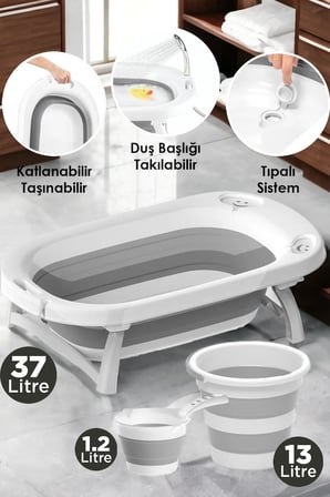 Arsimo Katlanır 3'lü Bebek Çocuk Yıkama Küvet - Kova - Maşrapa Seti Büyük Boy | Duş Başlığı Takılabilir Tıpalı Akordiyon Set