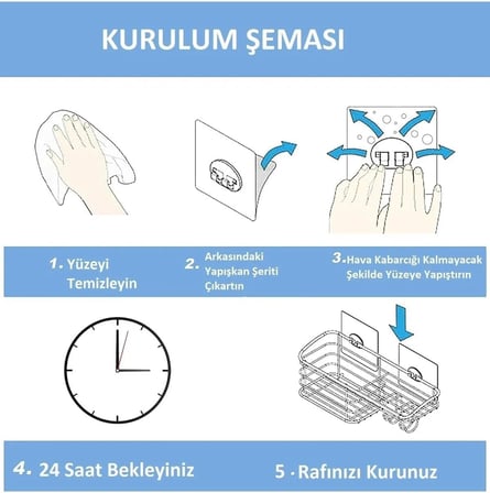 Alper Banyo 10'lu Güçlü Kendinden Yapışkanlı Kancalar, Köşe Rafı Duş Kancası, Su Geçirmez Askı Raf T
