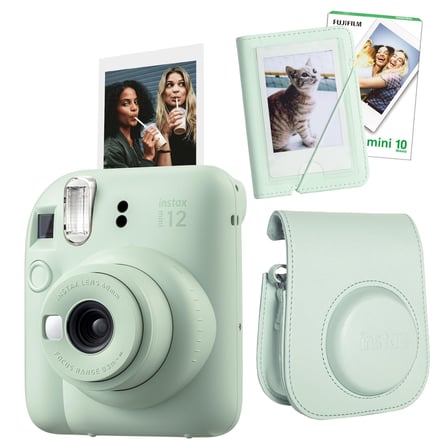 Instax mini 12 Fotoğraf Makinesi-10'lu Film-Mini Albüm ve Deri Kılıf Seti (Yeşil)