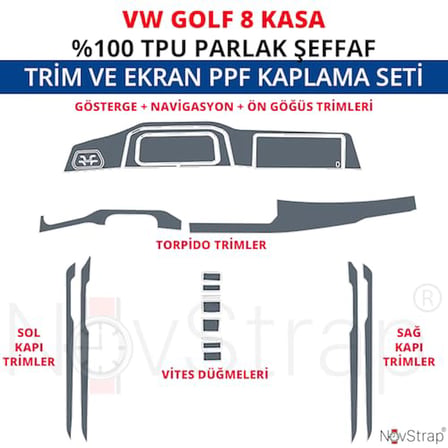 NovStrap VW Golf 8 İle Uyumlu ve Ekran Koruyucu Film 18 Parça Şeffaf Araç İçi Ppf Kaplama Seti