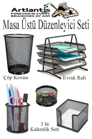 Artlantis Masa Üstü Siyah Fileli Kalemlik Çöp Kovası ve 3 Katlı Evrak Rafı 5 Parça 1 Paket 5 li Masa Üstü Düzenleyici Kalemlik Küp Notluk Ataşlık