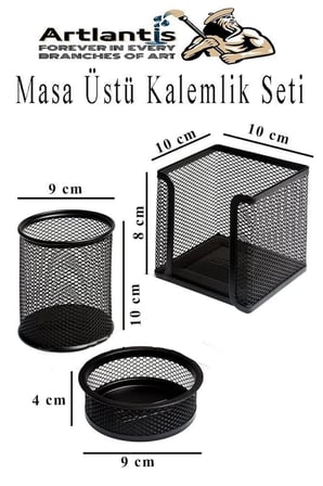 Artlantis Masa Üstü Siyah Fileli Kalemlik Çöp Kovası ve 3 Katlı Evrak Rafı 5 Parça 1 Paket 5 li Masa Üstü Düzenleyici Kalemlik Küp Notluk Ataşlık