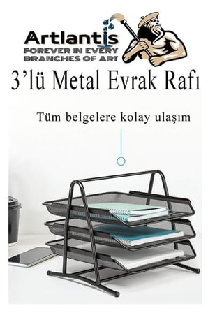 Artlantis Masa Üstü Siyah Fileli Kalemlik Çöp Kovası ve 3 Katlı Evrak Rafı 5 Parça 1 Paket 5 li Masa Üstü Düzenleyici Kalemlik Küp Notluk Ataşlık