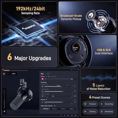 MAONO PD300X Podcast Mikrofon - Gürültü Engelleme özelliğine sahip XLR/USB Mikrofon, 192kHz/24Bit Hi