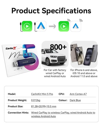 Carlinkit Mini SE Pro Kablosuz CarPlay Adaptörü/Kablosuz Android oto Adaptörü, Yüksek Dereceli Dayan