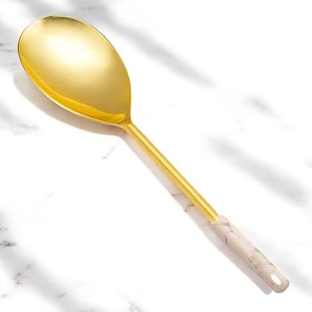 Mermer Desenli Gold Servis Kaşığı, 304 Kalite 18/10 Paslanmaz Çelik, Sunum Masa Sofra Yemek Servis Kaşığı (Beyaz)
