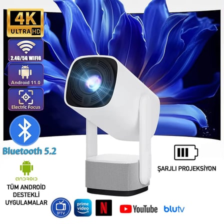 ROBEVE Full Hd 1080P Şarjlı Projeksiyon Cihazı - Dev Ekran, Wifi Bağlantılı, Hazır Android Kurulu, Hdmı/usb Girişli, Ev Sinema Sistemi