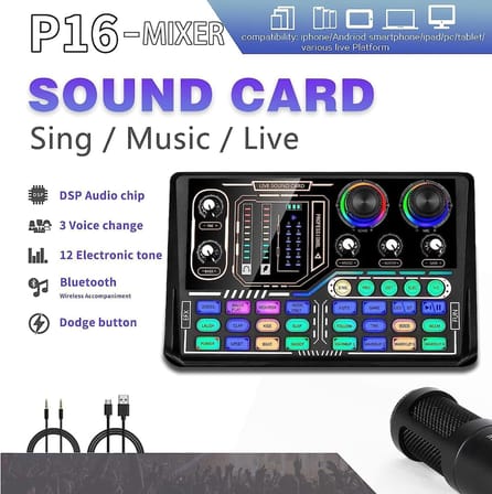 Coverzone Ses Kartı Youtube Kick Podcast ve Yayıncı, Ses Kartı, DJ Mikser, Taşınabilir Podcast Prodüksiyon Stüdyosu, Canlı Yayın, , Oyun için Kondenser Ses Kartlı Mikrofon Mikseri P16-KD8