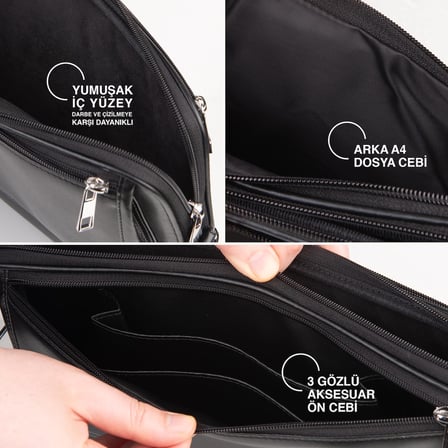 2K S.Deri Laptop Çantası,Tablet Çantası,13.3'' inç,Vegan,Omuz ve Valiz Askılı,Aksesuar ve Evrak Cepli,24 * 34 * 2 cm.,Siyah