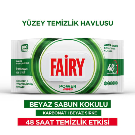 Fairy Çok Amaçlı Yüzey Temizlik Havlusu 100 Yaprak | Beyaz Sabun | Beyaz Sirke  Karbonat | 48 Saat