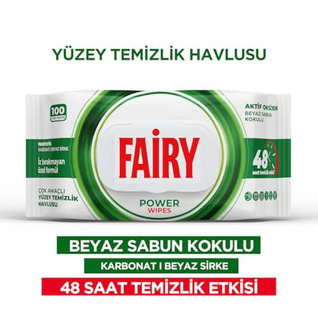 Fairy Çok Amaçlı Yüzey Temizlik Havlusu 100 Yaprak | Beyaz Sabun | Beyaz Sirke  Karbonat | 48 Saat