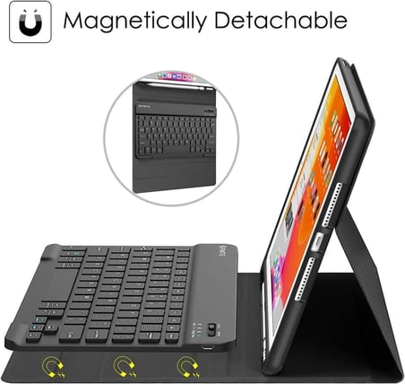 iPad 7.8.9. 10.2 2021 ile Uyumlu Kılıf Kablosuz Bluetooth Türkçe Q Klavyeli Kılıfı (Tablet Değildir) A2602 A2603 A2604 A2605 (Siyah)