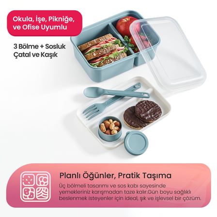 Hobby Life Lunch To Go 3 Bölmeli Beslenme Kabı – Sosluklu, Sızdırmaz Kapak, BPA İçermez, 920 ml + 40