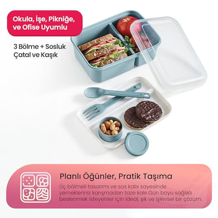 Hobby Life Lunch To Go 3 Bölmeli Beslenme Kabı – Sosluklu, Sızdırmaz Kapak, BPA İçermez, 920 ml + 40