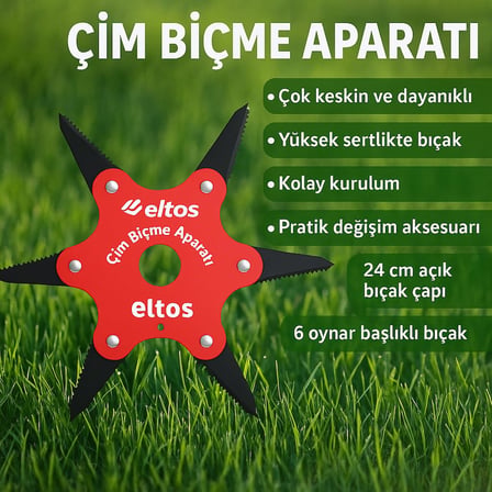 Eltos Çim Biçme Aparatı, 6 Bıçaklı, Ergonomik, Metal, Bahçe Tırpan Makinesi Ek Parça, CBA250