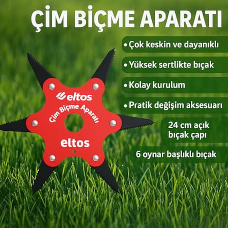Eltos Çim Biçme Aparatı, 6 Bıçaklı, Ergonomik, Metal, Bahçe Tırpan Makinesi Ek Parça, CBA250