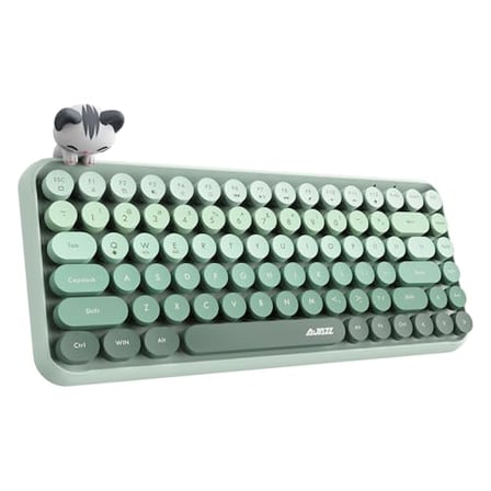 Coverzone Kablosuz Bluetooth Retro Sessiz Klavye – Yuvarlak Tuşlu, Kedi Süs Aksesuarı, 84 Tuşlu, Taşınabilir, Akıllı Uyku Modu, Ergonomik Tasarım, Tablet Telefon Uyumlu, AJ308i Yeşil