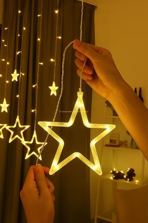 Busstier Dekoratif Peri Led Işık 3 Metre Yıldız Figürlü Perde Süsleme Işığı Yılbaşı Doğum Günü Ramazan Parti ve Ev Dekorasyon Led Işık