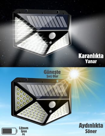 Gaman Solar LED Bahçe Lambası, 100 LED Hareket Sensörlü 13x9x5 cm, 3 Modlu Güneş Enerjili Solar Lamba, Dış Mekan Aydınlatma, Duvar Montajlı