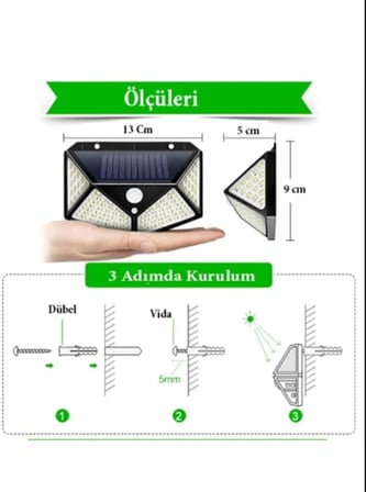 Gaman Solar LED Bahçe Lambası, 100 LED Hareket Sensörlü 13x9x5 cm, 3 Modlu Güneş Enerjili Solar Lamba, Dış Mekan Aydınlatma, Duvar Montajlı