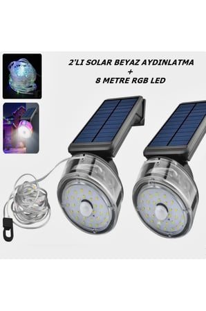 Güneş Enerjili 2 ADET Beyaz Hareket Sensörlü Dış Mekan Aydınlatma + 8 Metre RGB Peri Led YD-2333