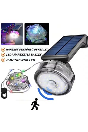 Güneş Enerjili 2 ADET Beyaz Hareket Sensörlü Dış Mekan Aydınlatma + 8 Metre RGB Peri Led YD-2333