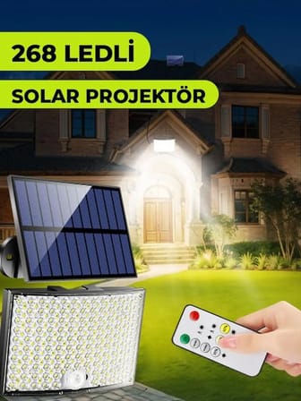 268 LED'li Solar Projektör 60W Güneş Enerjili 5 Mt Kablo Sensörlü Kumandalı HeroLed Dış Mekan Aydınlatma IP65