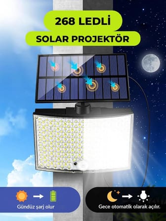268 LED'li Solar Projektör 60W Güneş Enerjili 5 Mt Kablo Sensörlü Kumandalı HeroLed Dış Mekan Aydınlatma IP65